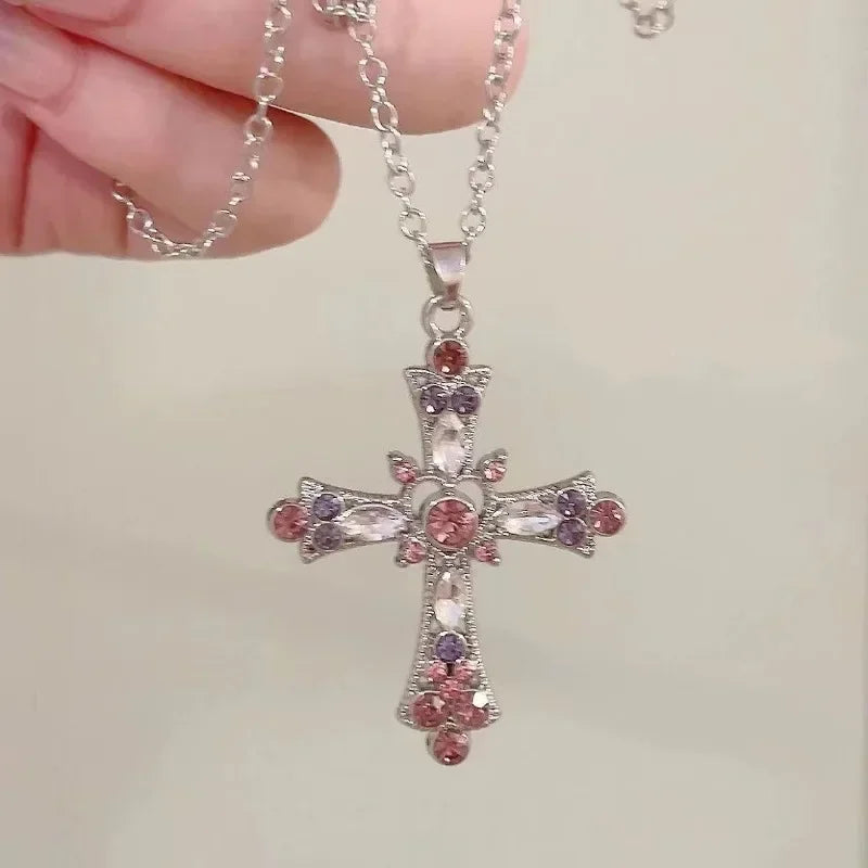 Y2K Zircon Cross Necklace Pink Purple Love Heart Cross Pendant Necklaces for Women Gothic Jewelry Party Girls Accessories 2023