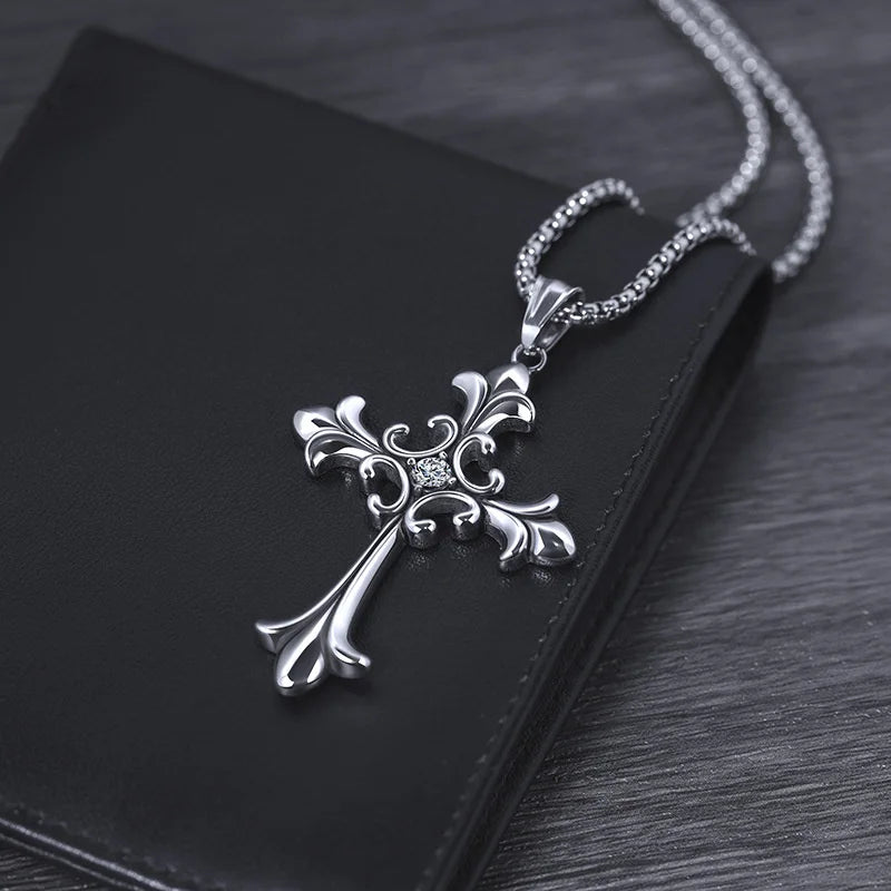 Gothic Style Retro Rhinestone Cross Stainless Steel Pendant ins Hip-Hop Men's Fashion Personality Versatile Necklace Accessories