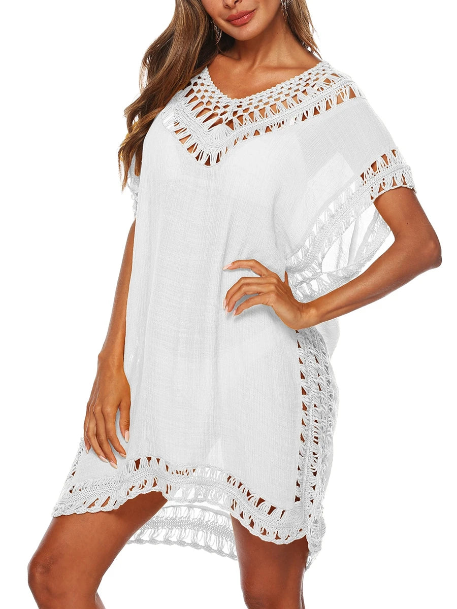 Women s Beach Cover Up Stylish Solid Color Crochet Dress with V-neck and Short Sleeves Cutout Design Swimwear