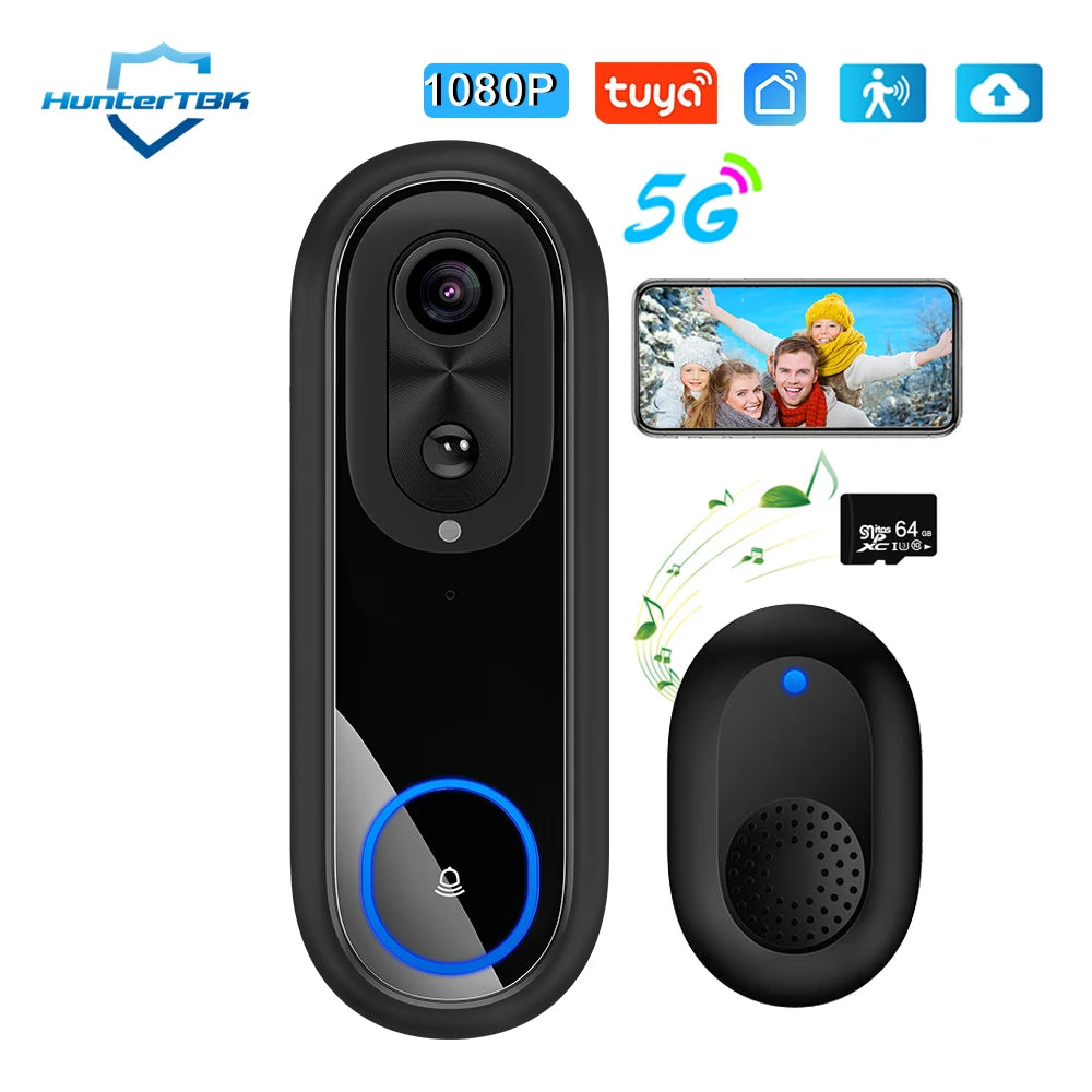 5G 2.4G WiFi Video Doorbell 1080P Wireless Bell Tuya APP Smart Intercom Camera IP65 Waterproof Ring Bell with 7000mAh Battery