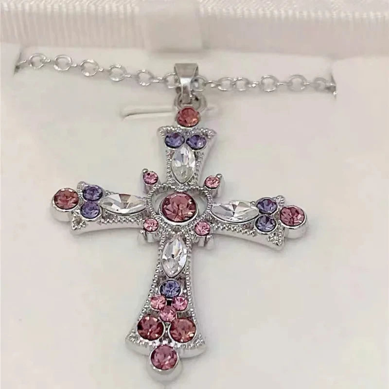 Y2K Zircon Cross Necklace Pink Purple Love Heart Cross Pendant Necklaces for Women Gothic Fine Jewelry Party Girls Accessories