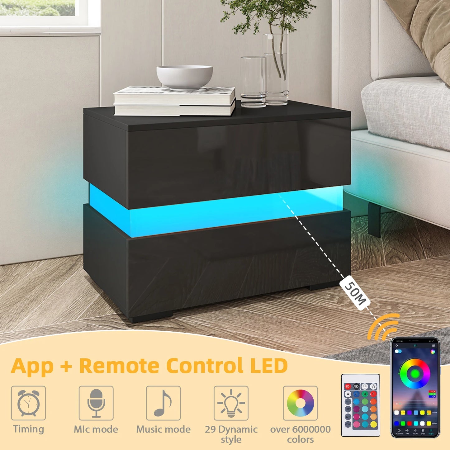 Modern Luxury LED Light Nightstand w/2 Drawers Organizer Storage Cabinet Bedside Table Bedroom Furniture for Night 20 Colors