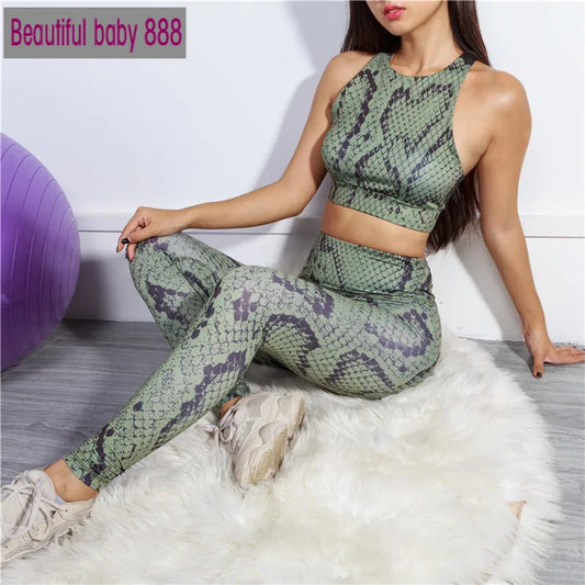 Meqeisss 2021 new Women sportswear fitness snake pattern 2 pieces set stracksuit print casual sleeveless gym clothing slim thin