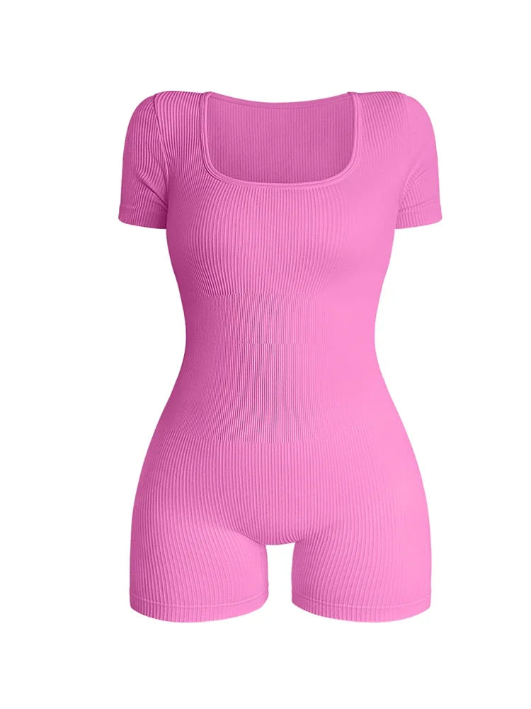 New Women Gym Wear Workout Clothing Bodysuits Short Sleeves Yoga Sportswear Square Neck One Piece Ribbed Jumpsuits