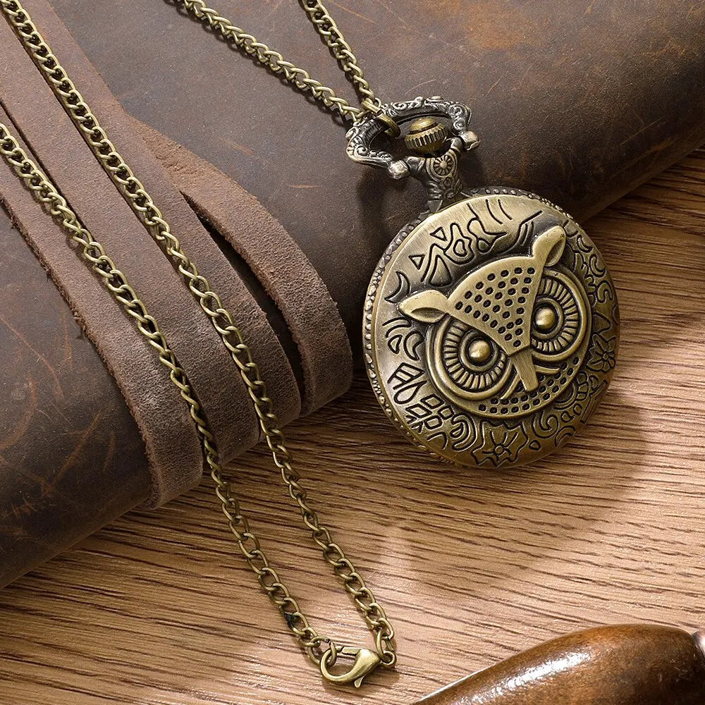 Antique Bronze Night Owl Necklace Quartz Pocket with Chain Necklace Vintage Quartz Pendant Watches Clock Chain Mens Women