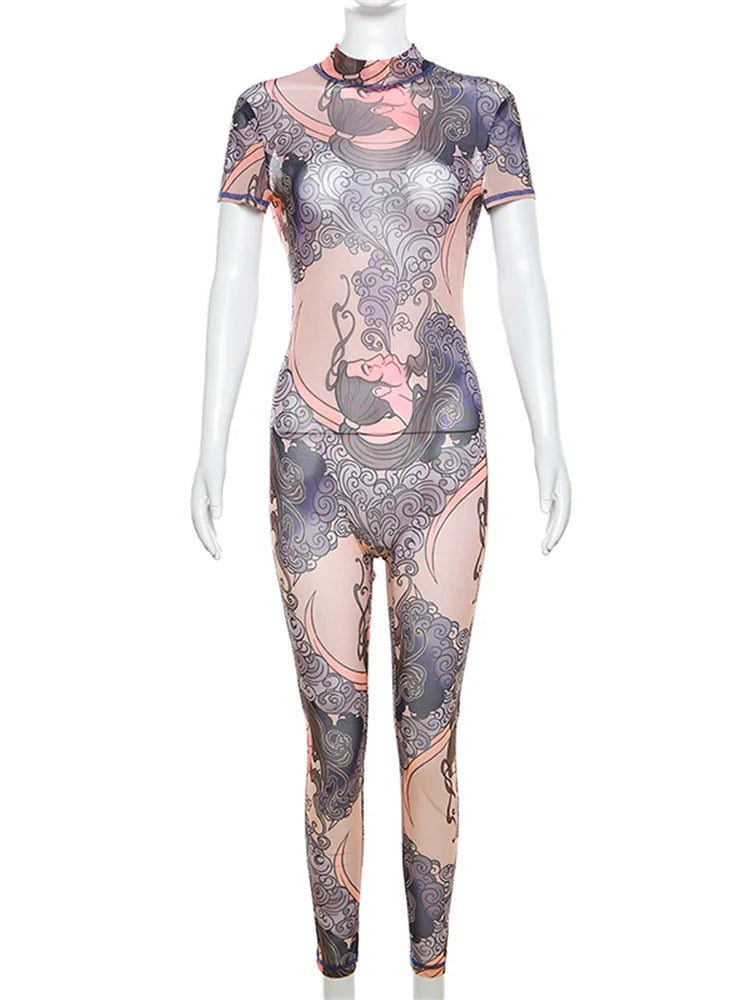 NIBBER Summer Women Round Neck Fashion Printing Short Sleeve Jumpsuit Body Shaper Jumpsuit Street Casual Spice Girl Clothing