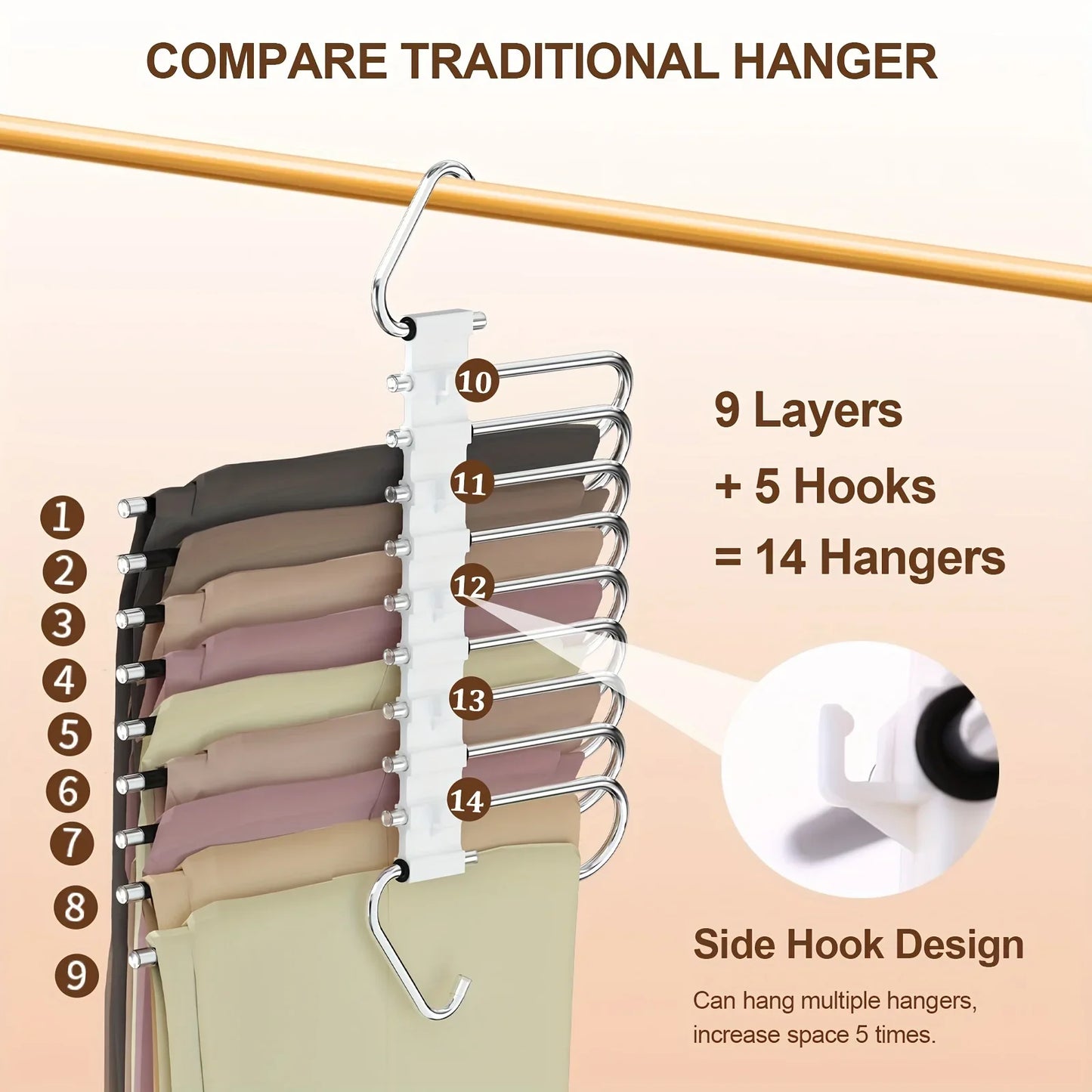 1pc Space-Saving S-Type Closet Organizer Pants Hanger - 9 Layers Non Slip Stainless Steel Multifunctional Rack With Hooks