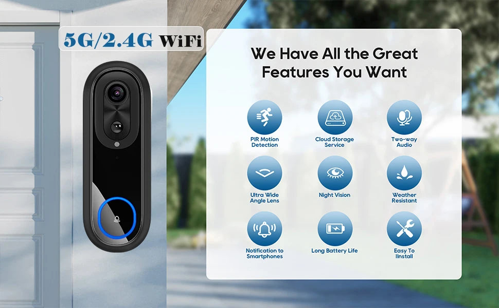 5G 2.4G WiFi Video Doorbell 1080P Wireless Bell Tuya APP Smart Intercom Camera IP65 Waterproof Ring Bell with 7000mAh Battery