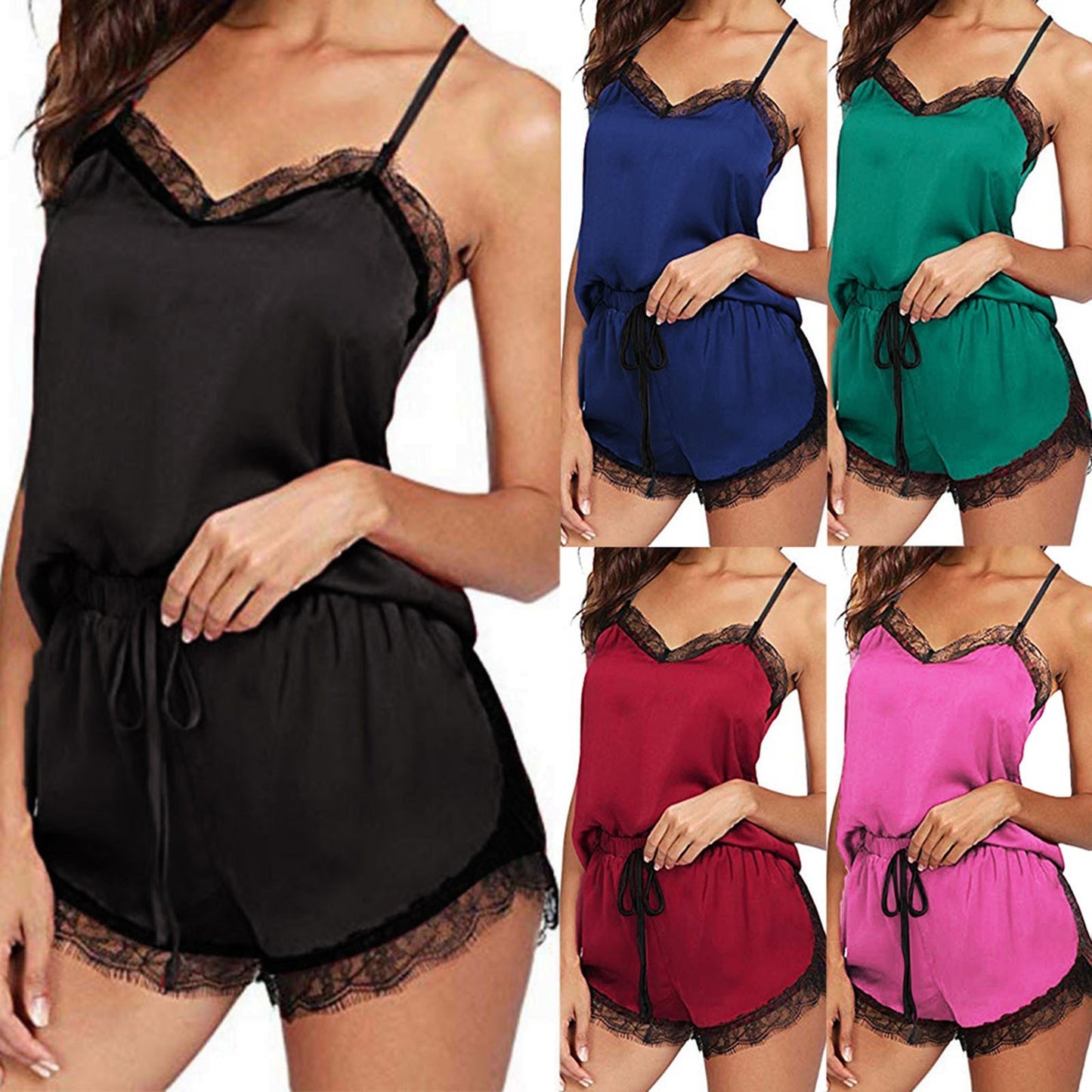 Women Sexy Pajama Sets Sleepwear Sleeveless Strap Nightwear Lace Trim Satin Top Soft Pijamas Strapless Pyjama Femme пижама #54