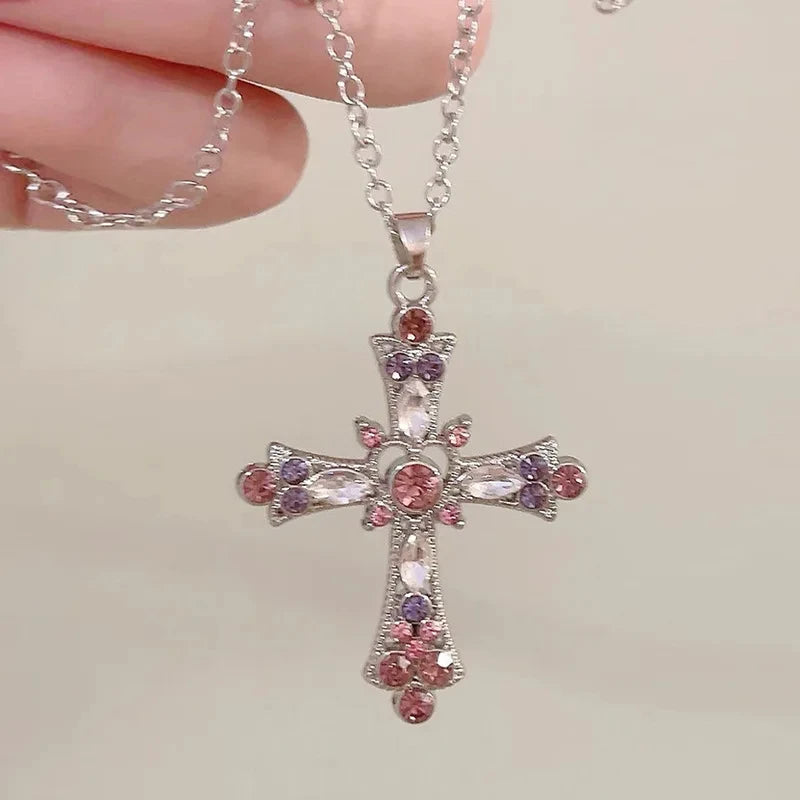 Y2K Zircon Cross Necklace Pink Purple Love Heart Cross Pendant Necklaces for Women Gothic Fine Jewelry Party Girls Accessories