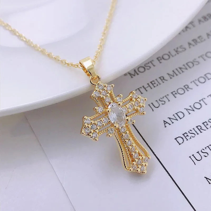 Men Women Hip Hop Zircon Cross Shiny Pendant Stainless Steel Necklace Charm Bling Exquisite Necklaces Jewelry Fashion Gifts