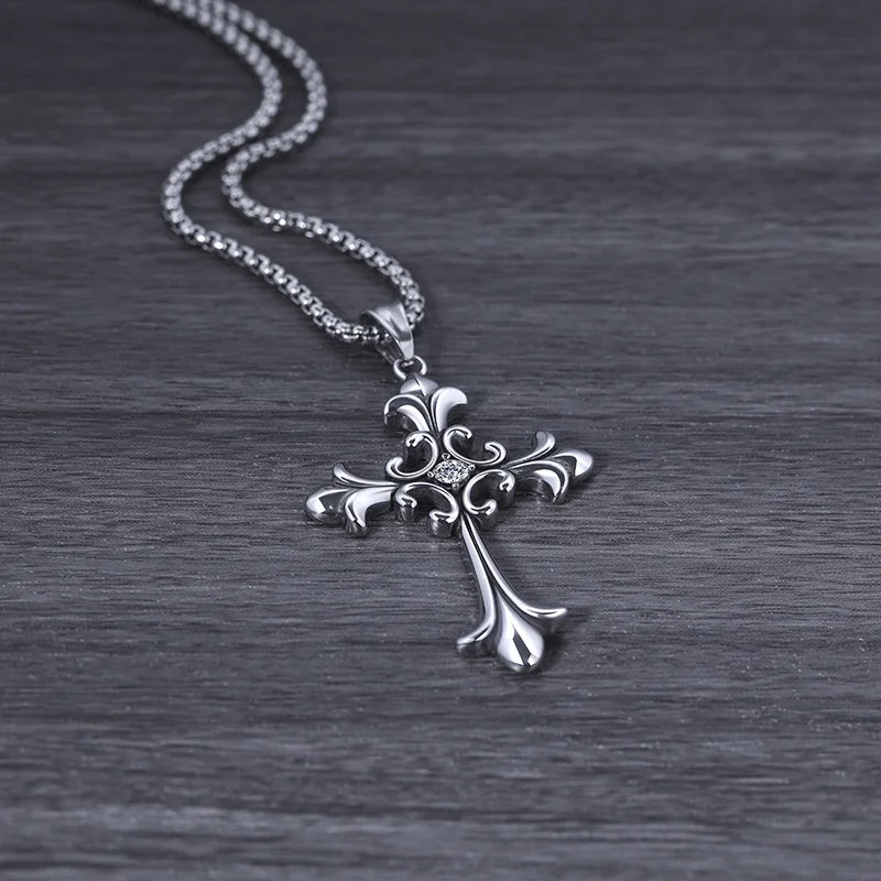 Gothic Style Retro Rhinestone Cross Stainless Steel Pendant ins Hip-Hop Men's Fashion Personality Versatile Necklace Accessories