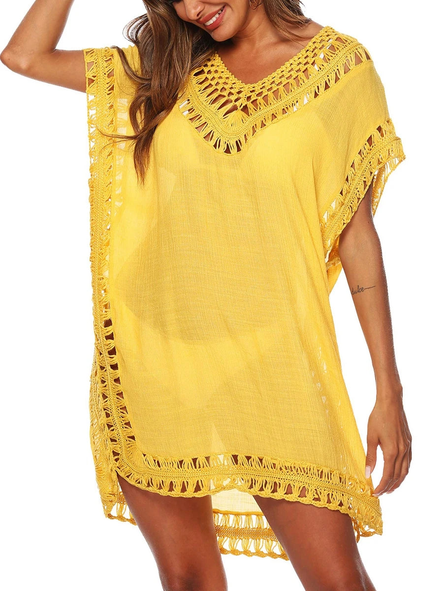 Women s Beach Cover Up Stylish Solid Color Crochet Dress with V-neck and Short Sleeves Cutout Design Swimwear