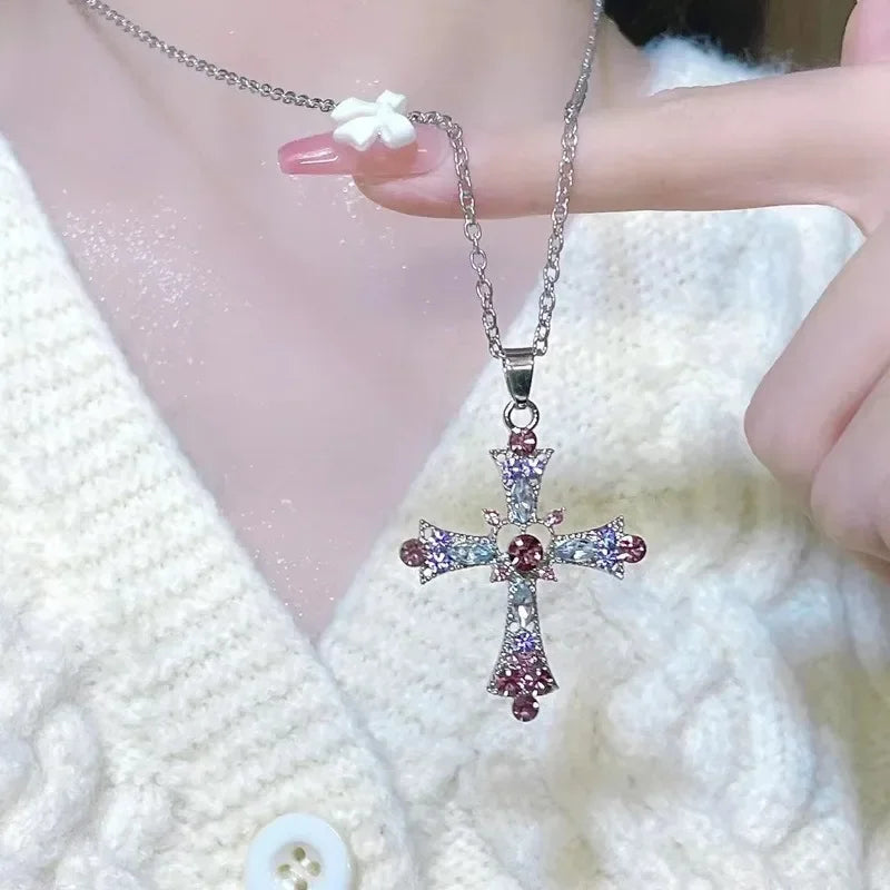 Y2K Zircon Cross Necklace Pink Purple Love Heart Cross Pendant Necklaces for Women Gothic Jewelry Party Girls Accessories 2023