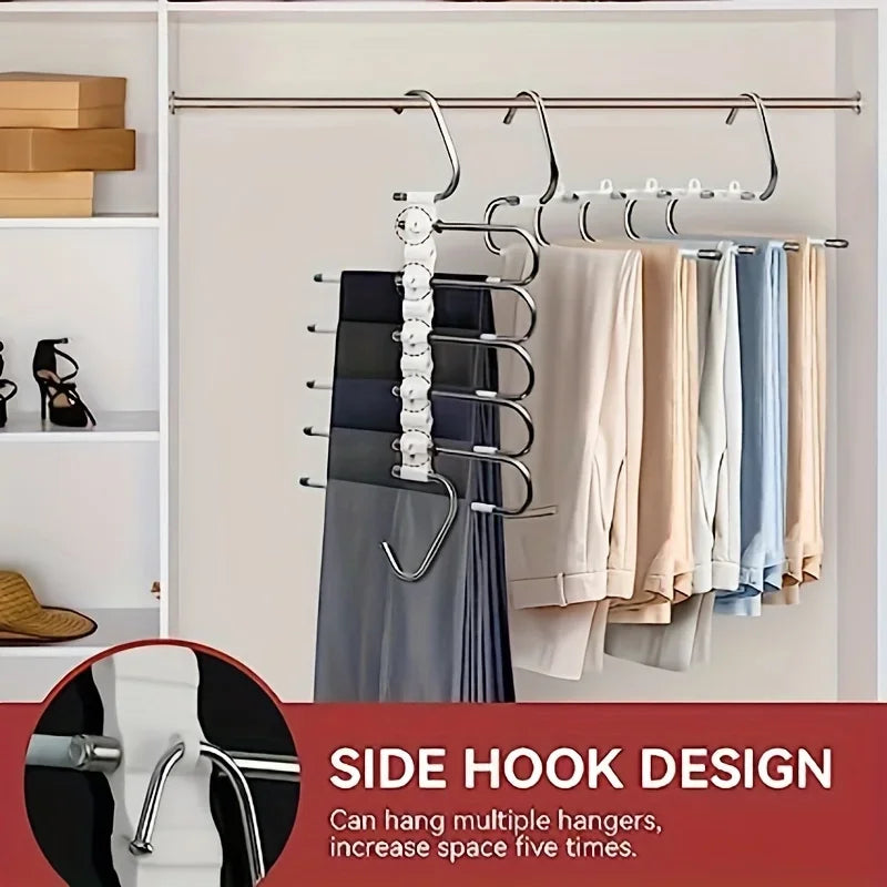 1pc Space-Saving S-Type Closet Organizer Pants Hanger - 9 Layers Non Slip Stainless Steel Multifunctional Rack With Hooks