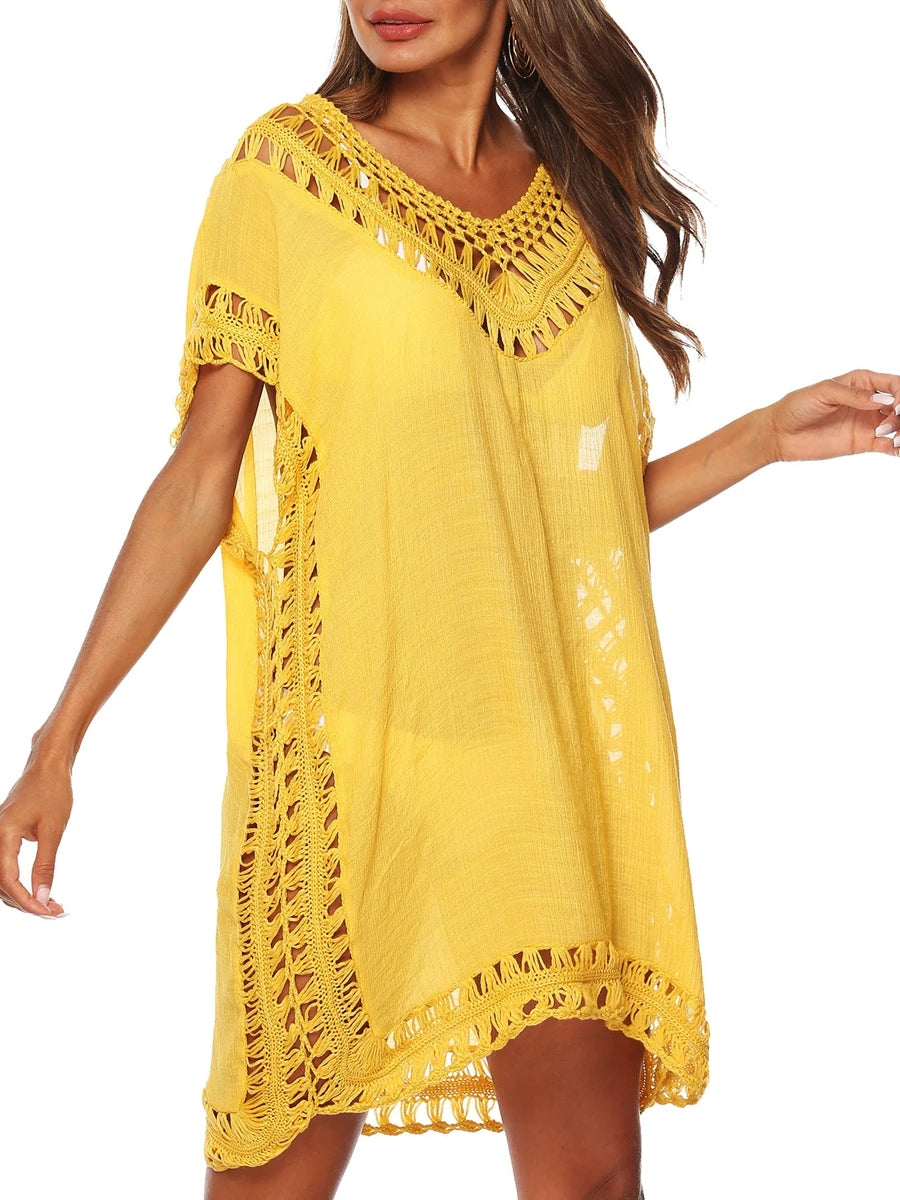 Women s Beach Cover Up Stylish Solid Color Crochet Dress with V-neck and Short Sleeves Cutout Design Swimwear