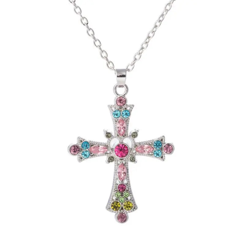 Gothic Pink Cross Necklace Y2K Purple Zircon Punk Pendant Necklace Grunge Heart Cross Necklace for Women Jewelry Accessories