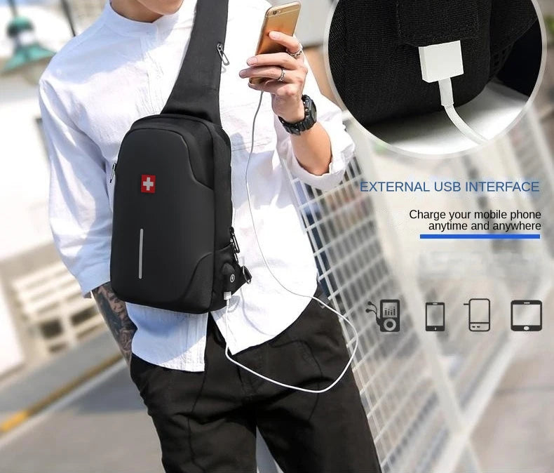 SWISS New Men's Casual Chest Bag Sports Waterproof Shoulder Bag Anti-theft Crossbody Bag Fashion Solid Color Usb Bag Sling Pack