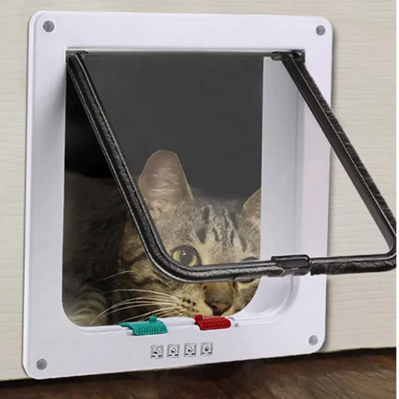 Dog Cat Flap Door with 4 Way Security Lock Flap Door for Dog Cats Kitten ABS Plastic Small Pet Gate Door Kit Cat Dogs Flap Doors