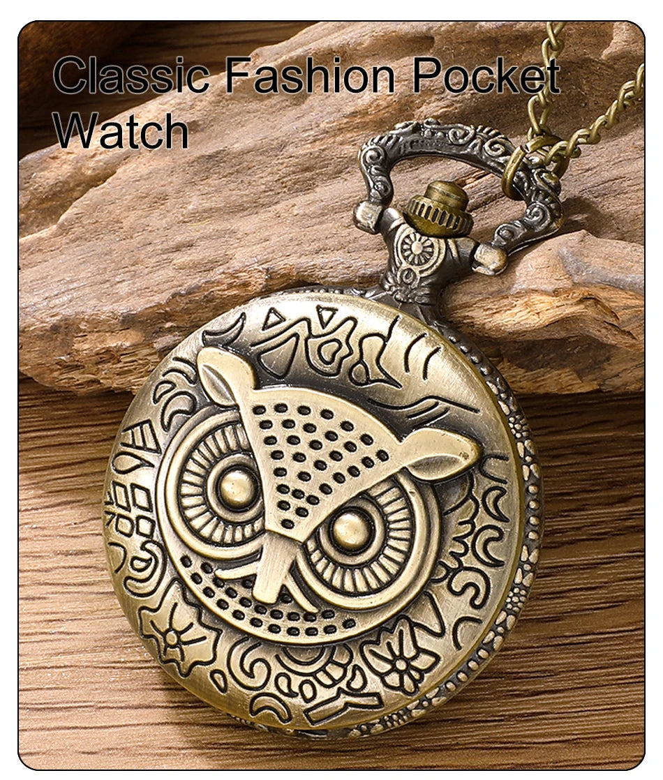 Antique Bronze Night Owl Necklace Quartz Pocket with Chain Necklace Vintage Quartz Pendant Watches Clock Chain Mens Women