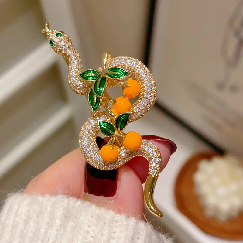 2025 Chinese Zodiac Year Snake with Persimmon Brooches for Women and Men Zircon Corsage High-end Simple Jacket Accessories Pin