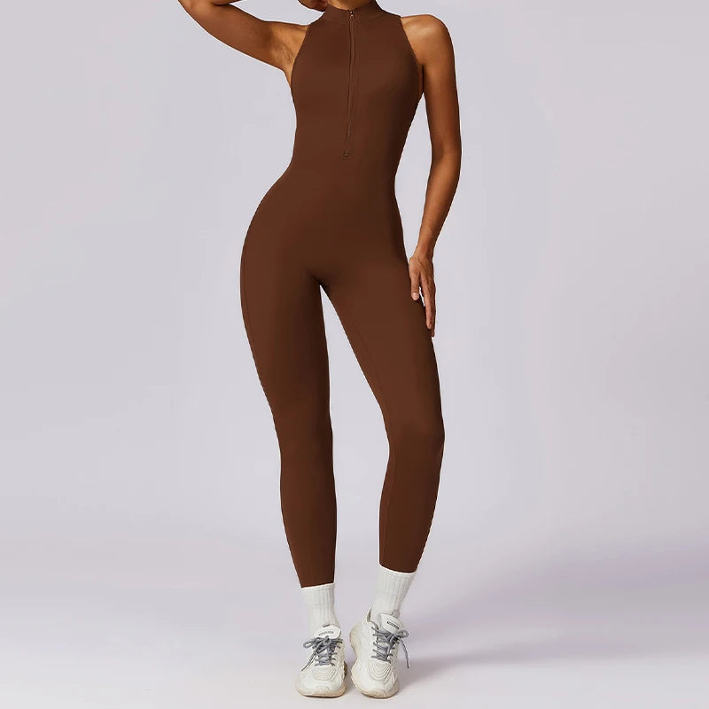 V Back One-piece Suit Women Sports Jumpsuit  Zippers Yoga Rompers Backless Sportswear Women Sleeveles Workout Bodysuits Female