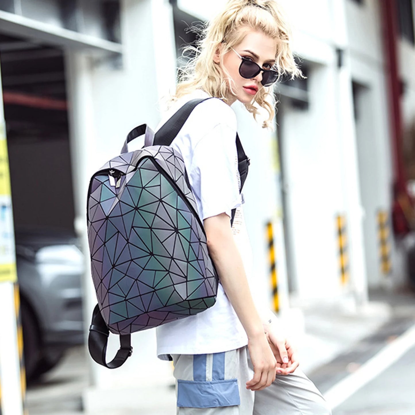 Geometric Laser Diamond Backpack for Women- Large Capacity & Leisure Backpack with Glow-in-the-Dark Design