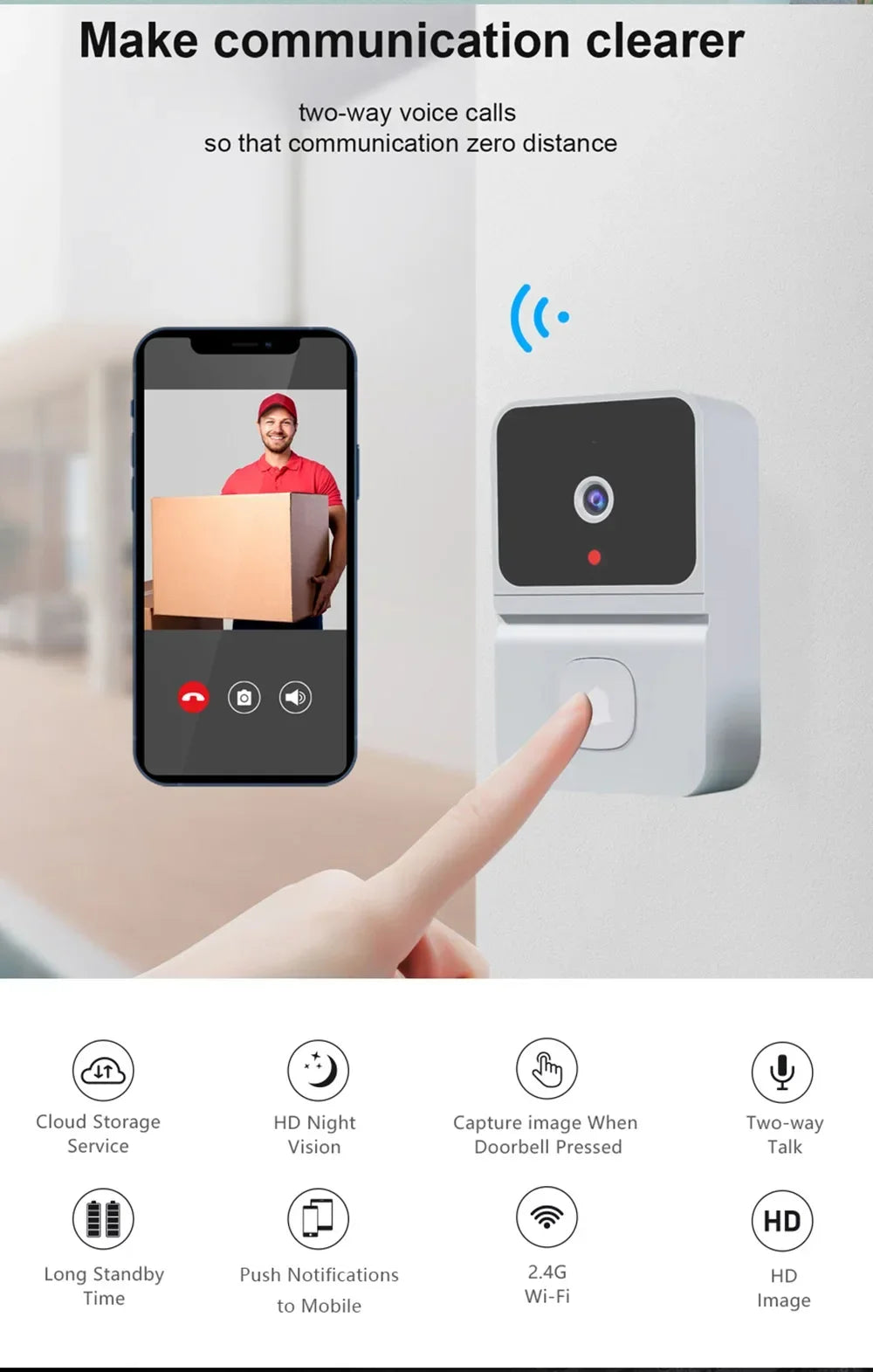 Wireless Visual Smart Security Doorbell 1080P High Resolution Camera Video Doorbell Infrared Night Vision Real-time Monitoring