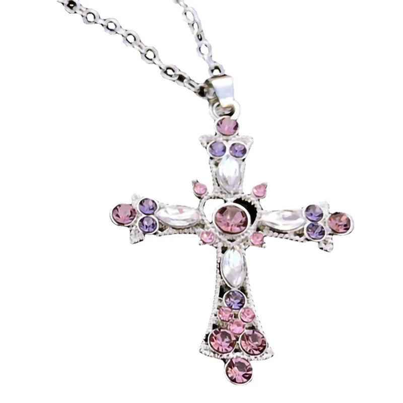 Y2K Zircon Cross Necklace Pink Purple Love Heart Cross Pendant Necklaces for Women Gothic Fine Jewelry Party Girls Accessories