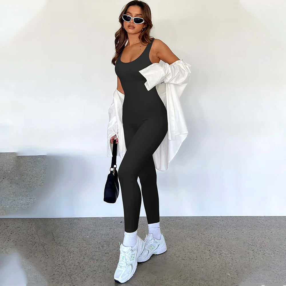 One Piece Outfit Sleeveless Bodysuit Women Sportswear Streetwear Sexy Bodycon Rompers Square Neck Basic Black Women's Clothing