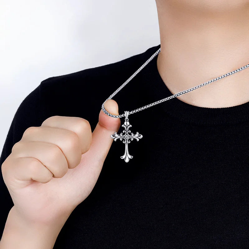 Gothic Style Retro Rhinestone Cross Stainless Steel Pendant ins Hip-Hop Men's Fashion Personality Versatile Necklace Accessories