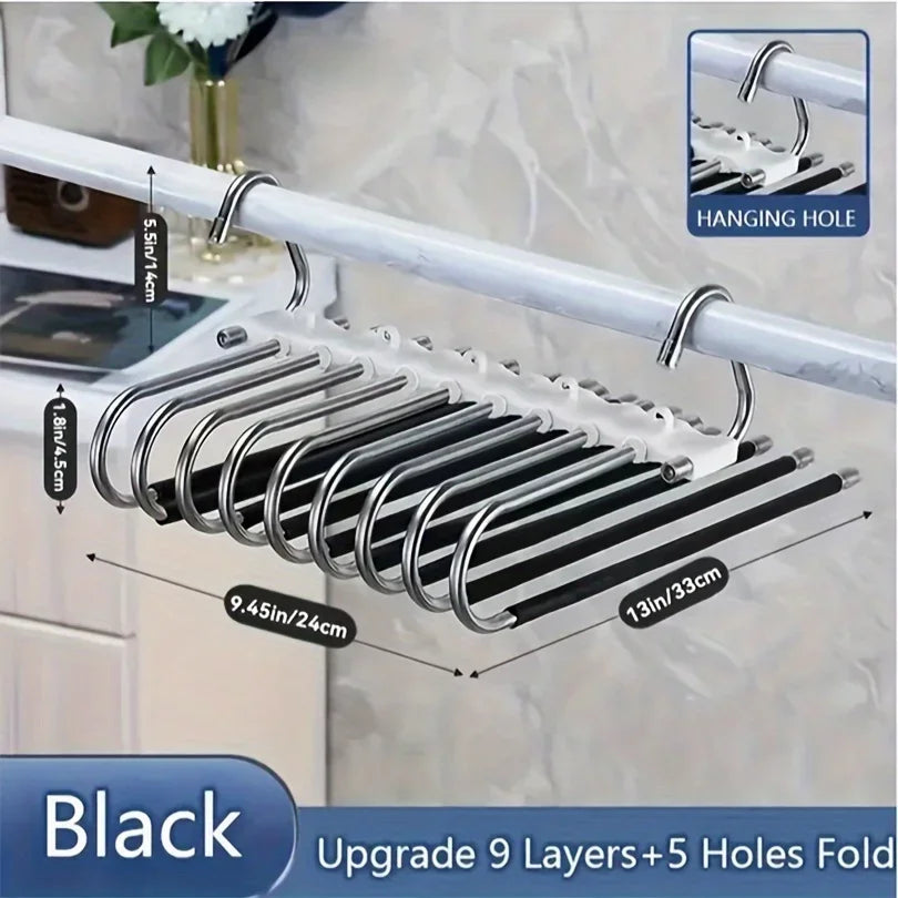 1pc Space-Saving S-Type Closet Organizer Pants Hanger - 9 Layers Non Slip Stainless Steel Multifunctional Rack With Hooks