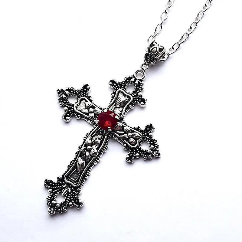 Gothic Pink Cross Necklace Y2K Purple Zircon Punk Pendant Necklace Grunge Heart Cross Necklace for Women Jewelry Accessories