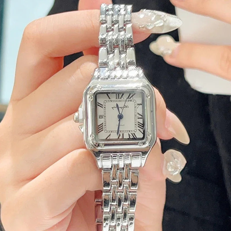 Women Fashion Square Watches Silver Stainless Steel Strap 2025 Luxury Man Quartz Wristwatches Qualities Female Roman Scale Clock