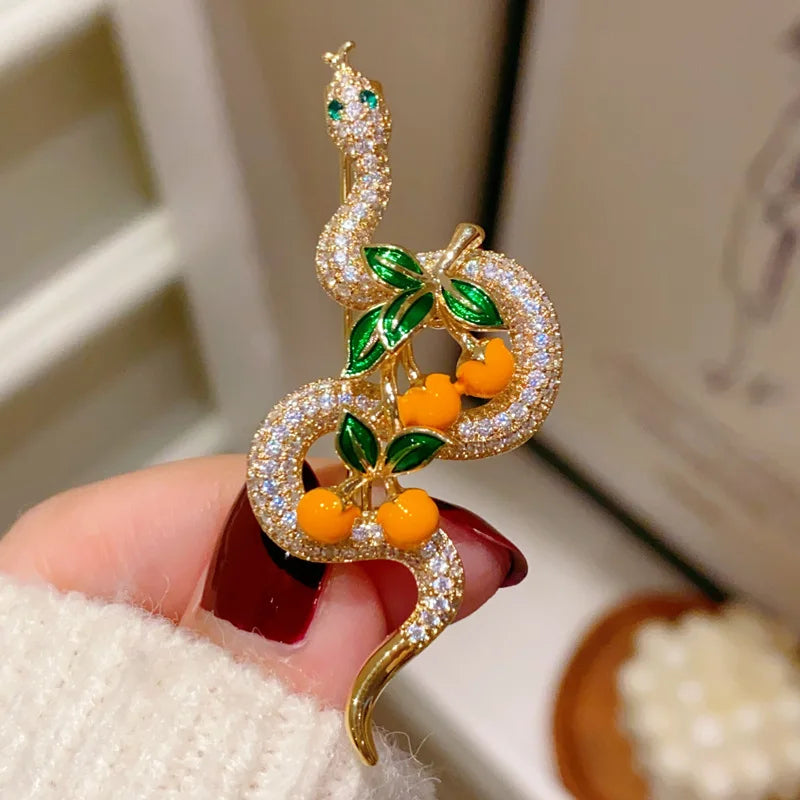 2025 Chinese Zodiac Year Snake with Persimmon Brooches for Women and Men Zircon Corsage High-end Simple Jacket Accessories Pin