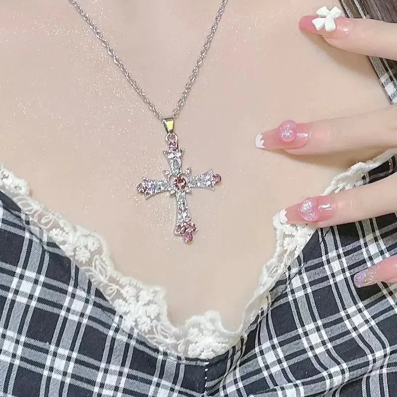 Y2K Zircon Cross Necklace Pink Purple Love Heart Cross Pendant Necklaces for Women Gothic Jewelry Party Girls Accessories 2023