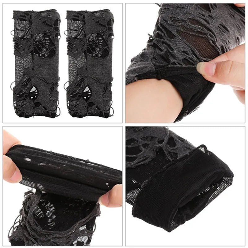 2025 New Gothic Black Fingerless Long Gloves Punk Hole Half-finger Glove Arm Warmer Beggar Cosplay Halloween Costume Accessories