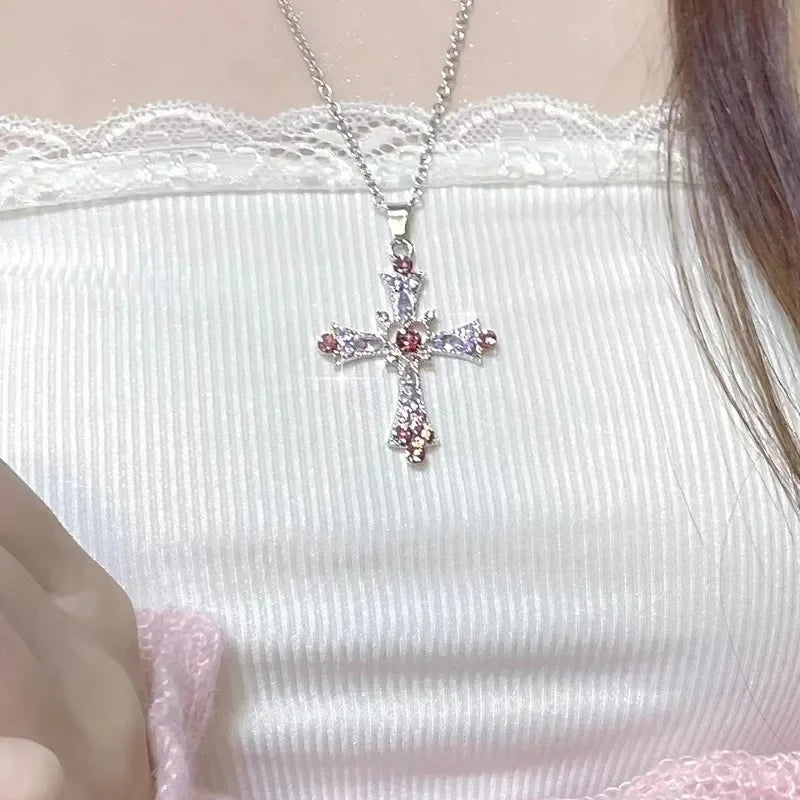 Y2K Zircon Cross Necklace Pink Purple Love Heart Cross Pendant Necklaces for Women Gothic Jewelry Party Girls Accessories 2023