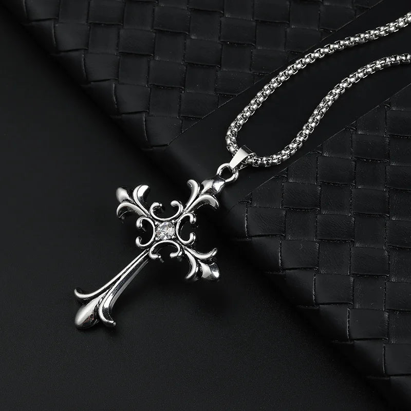 Gothic Style Retro Rhinestone Cross Stainless Steel Pendant ins Hip-Hop Men's Fashion Personality Versatile Necklace Accessories