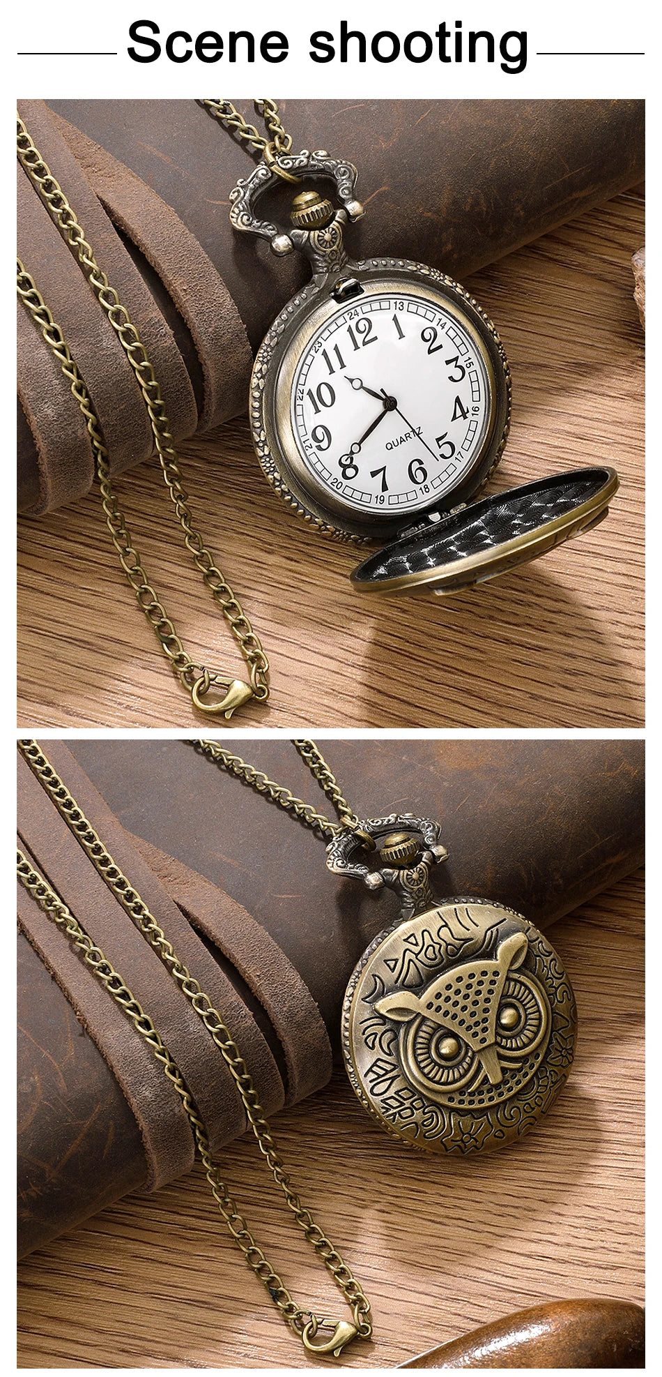 Antique Bronze Night Owl Necklace Quartz Pocket with Chain Necklace Vintage Quartz Pendant Watches Clock Chain Mens Women