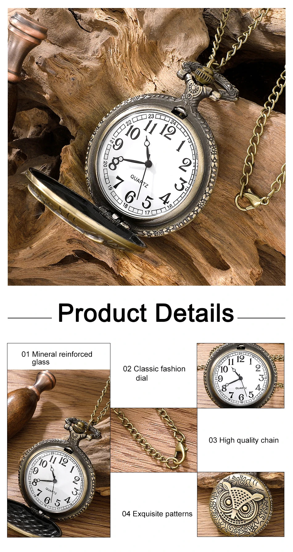 Antique Bronze Night Owl Necklace Quartz Pocket with Chain Necklace Vintage Quartz Pendant Watches Clock Chain Mens Women