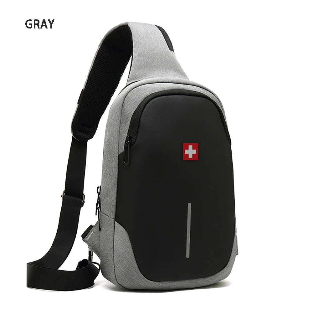 SWISS New Men's Casual Chest Bag Sports Waterproof Shoulder Bag Anti-theft Crossbody Bag Fashion Solid Color Usb Bag Sling Pack