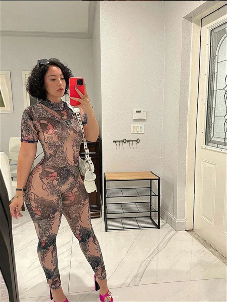 NIBBER Summer Women Round Neck Fashion Printing Short Sleeve Jumpsuit Body Shaper Jumpsuit Street Casual Spice Girl Clothing