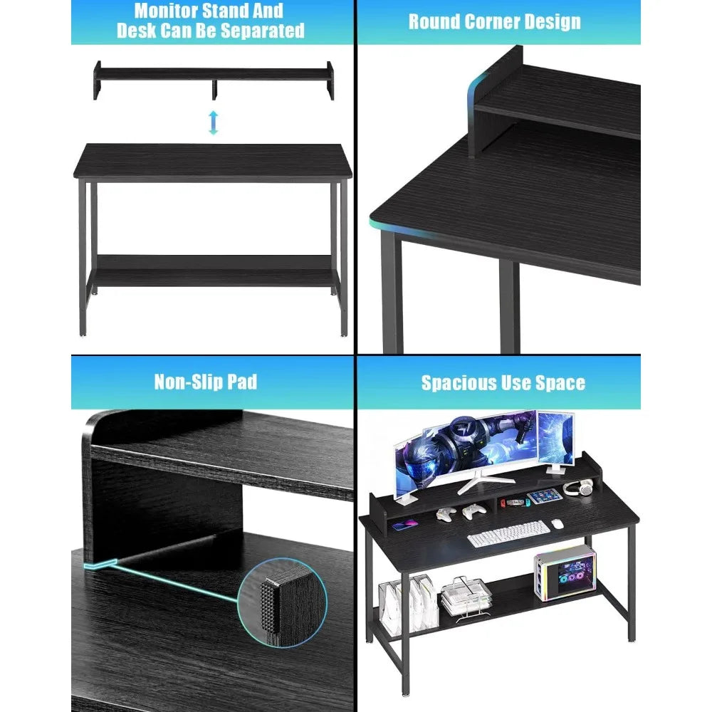 Computer Desk With Shelves Room Desks Study PC Table Workstation With Storage for Home Office 43 Inch Gaming Writing Desk Black.