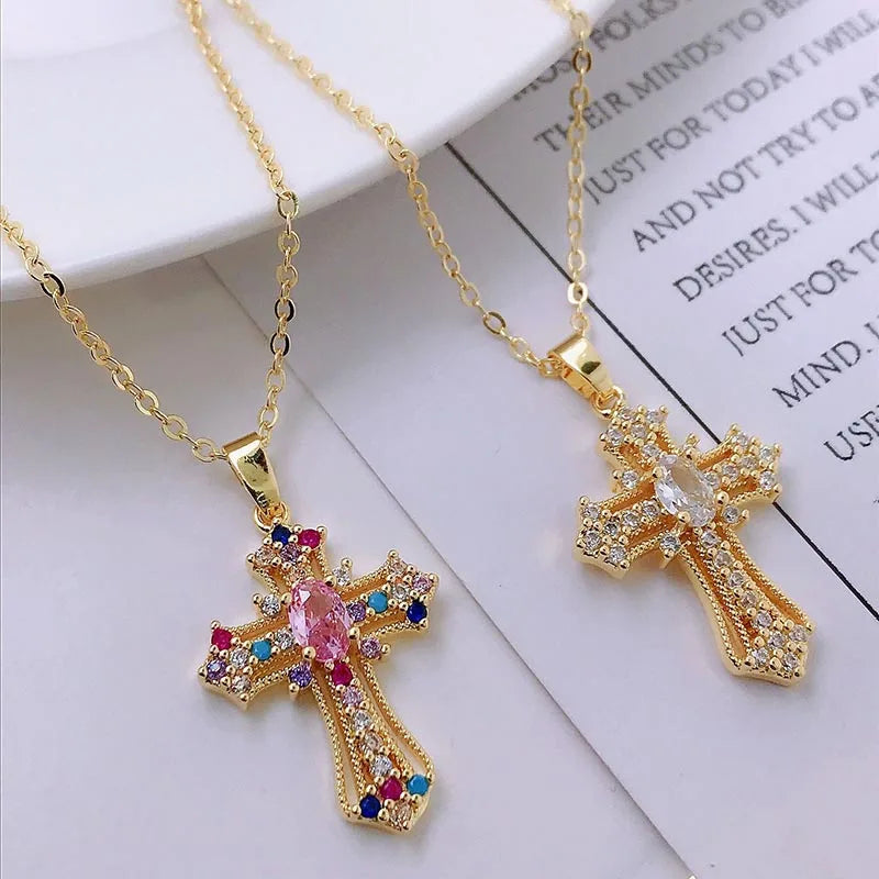 Men Women Hip Hop Zircon Cross Shiny Pendant Stainless Steel Necklace Charm Bling Exquisite Necklaces Jewelry Fashion Gifts