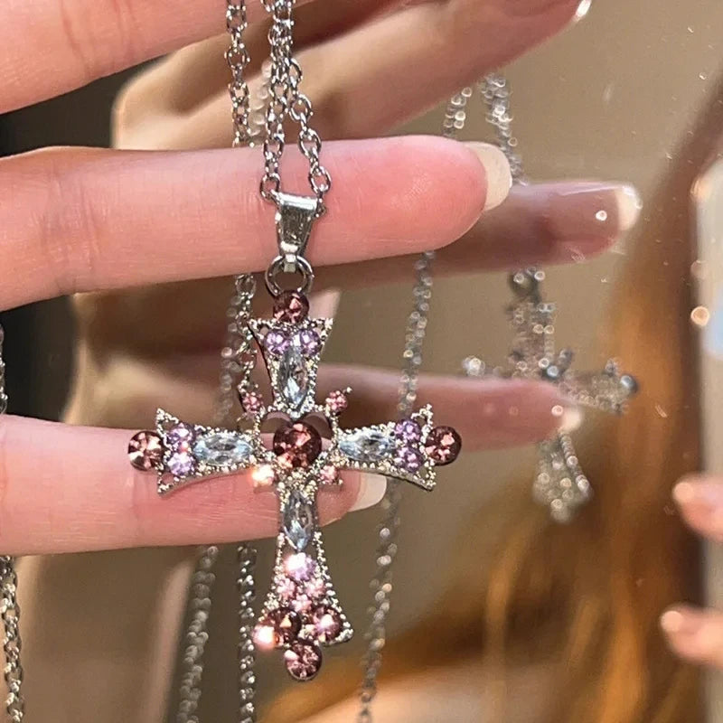 Y2K Zircon Cross Necklace Pink Purple Love Heart Cross Pendant Necklaces for Women Gothic Fine Jewelry Party Girls Accessories