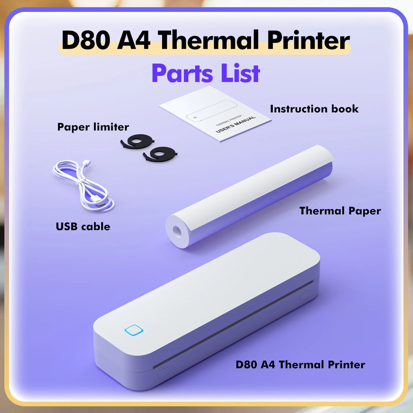 D80 A4 Portable Thermal Transfer Printer Wireless Tattoo Transfer Printer Use with Mobile /Laptop 56mm/77mm/107mm/210mm/216mm