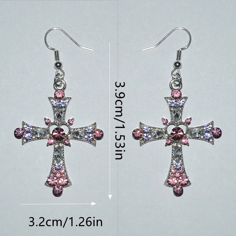 Gothic Pink Cross Necklace Y2K Purple Zircon Punk Pendant Necklace Grunge Heart Cross Necklace for Women Jewelry Accessories