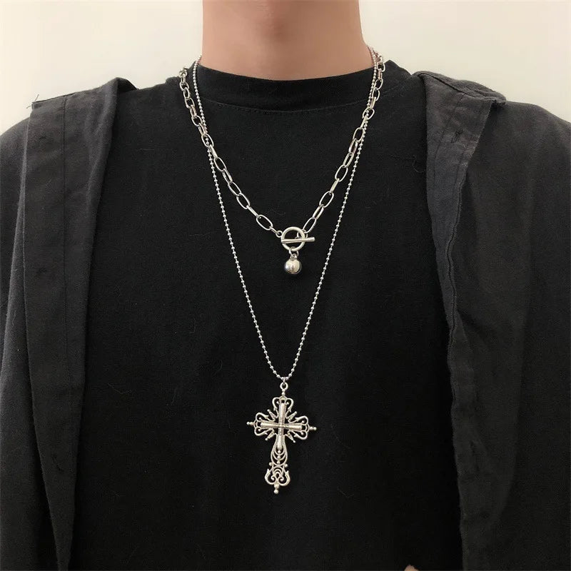 Gothic Pink Cross Necklace Y2K Purple Zircon Punk Pendant Necklace Grunge Heart Cross Necklace for Women Jewelry Accessories