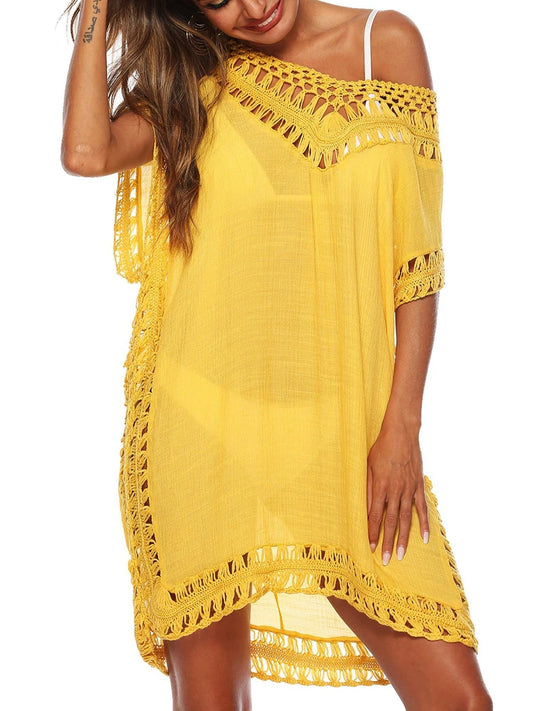 Women s Beach Cover Up Stylish Solid Color Crochet Dress with V-neck and Short Sleeves Cutout Design Swimwear